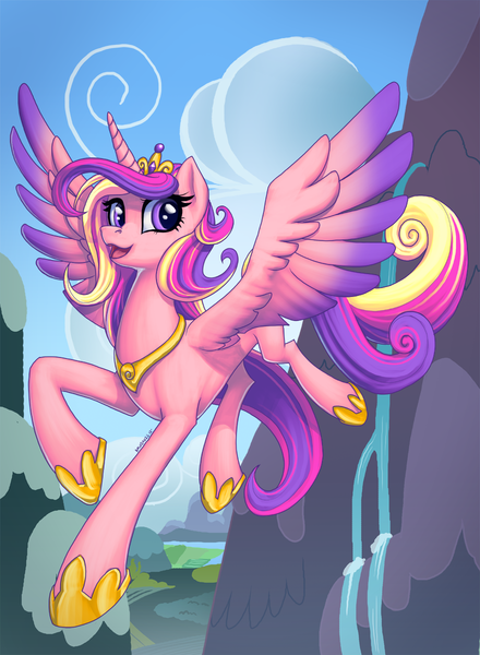 Size: 880x1200 | Tagged: safe, artist:pinkuh, derpibooru import, princess cadance, alicorn, pony, female, flying, looking at you, mare, open mouth, smiling, solo, spread wings