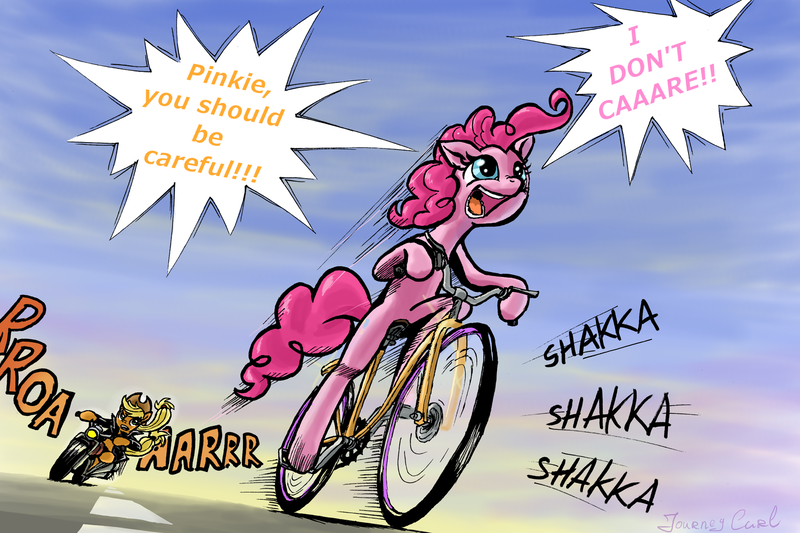 Size: 1800x1200 | Tagged: safe, artist:almaska, derpibooru import, edit, applejack, pinkie pie, earth pony, pony, semi-anthro, anatomically incorrect, bicycle, bipedal, clothes, female, happy wheels, hoof hold, incorrect leg anatomy, jacket, leather jacket, mare, motion lines, motorcycle, onomatopoeia, open mouth, pewdiepie, pinkie being pinkie, pinkie pie/ pewdiepie combiner, riding, sky, smiling, street, yelling