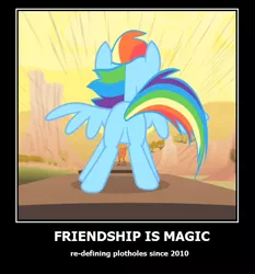 Size: 666x715 | Tagged: cropped, demotivational poster, derpibooru import, desert, duo, edit, edited screencap, image macro, little strongheart, meme, over a barrel, plot, rainbow dash, rear view, safe, screencap, speed lines