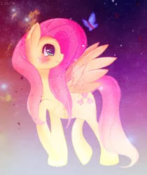 Size: 900x1072 | Tagged: safe, artist:csc-x, derpibooru import, fluttershy, butterfly, pegasus, pony, female, mare, smiling, solo, walking