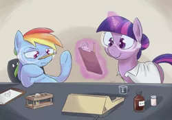 Size: 1040x728 | Tagged: artist:yeendip, bored, clothes, derpibooru import, duo, goggles, lab coat, laboratory, magic, rainbow dash, safe, science, twilight sparkle