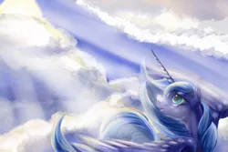 Size: 990x660 | Tagged: artist:viwrastupr, cloud, cloudy, crepuscular rays, princess luna, s1 luna, safe, sky, solo