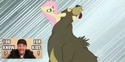 Size: 636x318 | Tagged: safe, derpibooru import, edit, edited screencap, screencap, fluttershy, bear, human, pony, lesson zero, cartoon, image macro, implied murder, kids, killer, nostalgia critic, quote, tongue out, violence