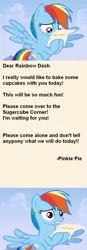 Size: 478x1379 | Tagged: derpibooru import, exploitable meme, fanfic:cupcakes, letter meme, meme, pinkie pie, rainbow dash, safe