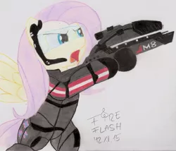 Size: 1811x1551 | Tagged: safe, artist:fireflash-frostblast, derpibooru import, fluttershy, armor, crossover, mass effect, n7 armor, parody, traditional art