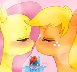 Size: 1700x1595 | Tagged: applejack, appleshy, artist:blackbewhite2k7, artist:pockystix, blushing, derpibooru import, female, fluttershy, imminent kissing, lesbian, missing accessory, pomf, rainbow dash, safe, shipping, wingboner