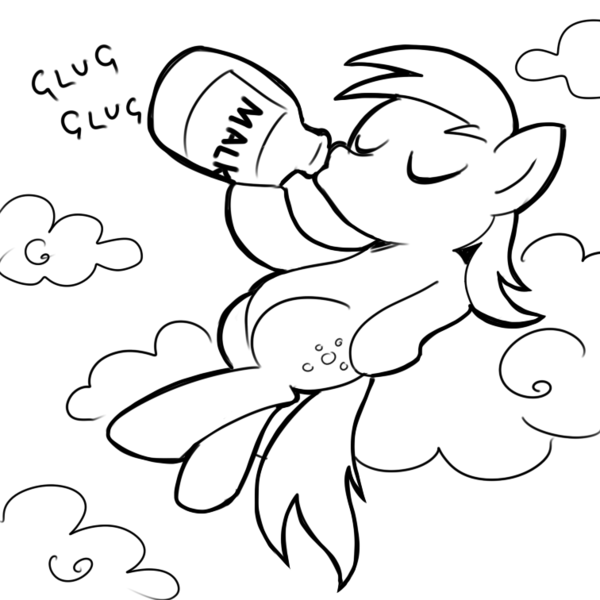 Size: 756x756 | Tagged: safe, artist:megasweet, derpibooru import, derpy hooves, pegasus, pony, cloud, cloudy, drinking, eyes closed, female, hoof hold, lineart, malk, mare, milk, milk jug, monochrome, on back, solo, the simpsons