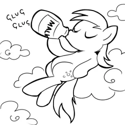 Size: 756x756 | Tagged: safe, artist:megasweet, derpibooru import, derpy hooves, pegasus, pony, cloud, cloudy, drinking, eyes closed, female, hoof hold, lineart, malk, mare, milk, milk jug, monochrome, on back, solo, the simpsons