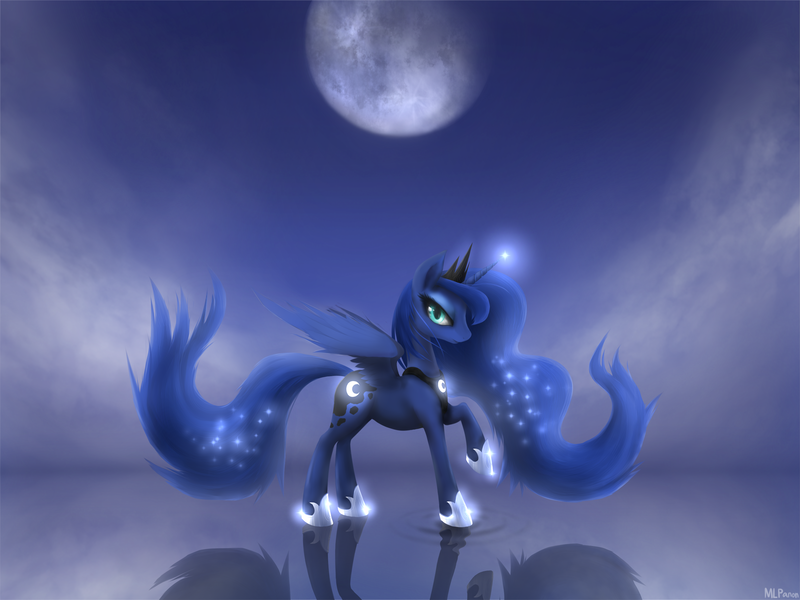 Size: 3000x2250 | Tagged: artist:mlpanon, derpibooru import, moon, princess luna, raised hoof, reflection, ripple, safe, shiny, solo