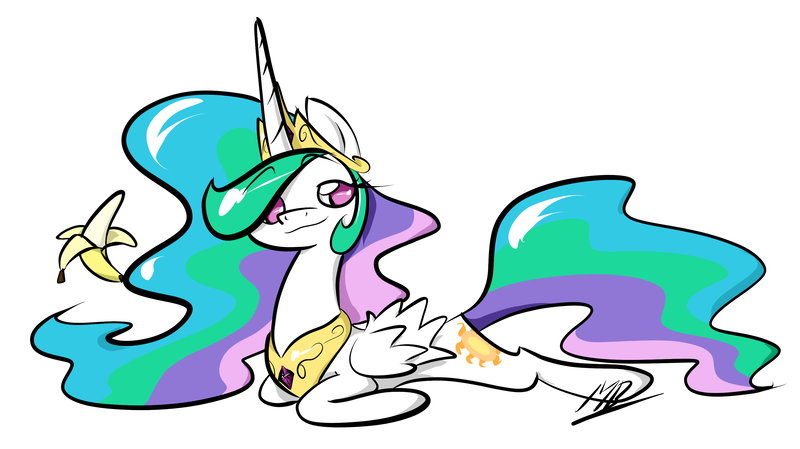 Size: 3329x1870 | Tagged: artist:red-poni, banana, derpibooru import, princess celestia, prone, safe, solo