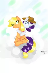 Size: 900x1350 | Tagged: safe, artist:fire-natsu, derpibooru import, applejack, rarity, hug, rarijack, shipping