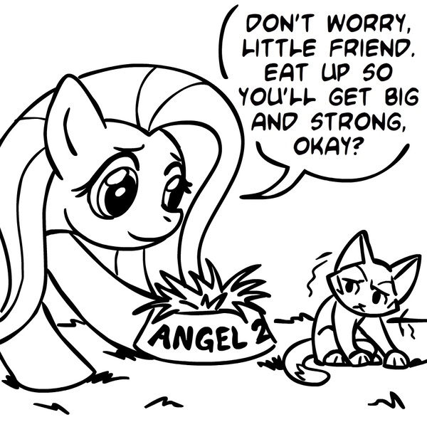 Size: 945x945 | Tagged: safe, artist:megasweet, derpibooru import, fluttershy, cat, pony, unicorn, black and white, dialogue, female, fridge horror, grass, grayscale, implied death, lineart, mare, monochrome, shivering, speech bubble, the implications are horrible, we are going to hell