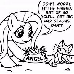 Size: 945x945 | Tagged: safe, artist:megasweet, derpibooru import, fluttershy, cat, pony, unicorn, black and white, dialogue, female, fridge horror, grass, grayscale, implied death, lineart, mare, monochrome, shivering, speech bubble, the implications are horrible, we are going to hell