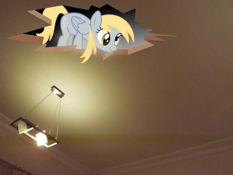 Size: 4288x3216 | Tagged: safe, artist:missbeigepony, derpibooru import, derpy hooves, pony, ceiling pony, irl, photo, ponies in real life, vector