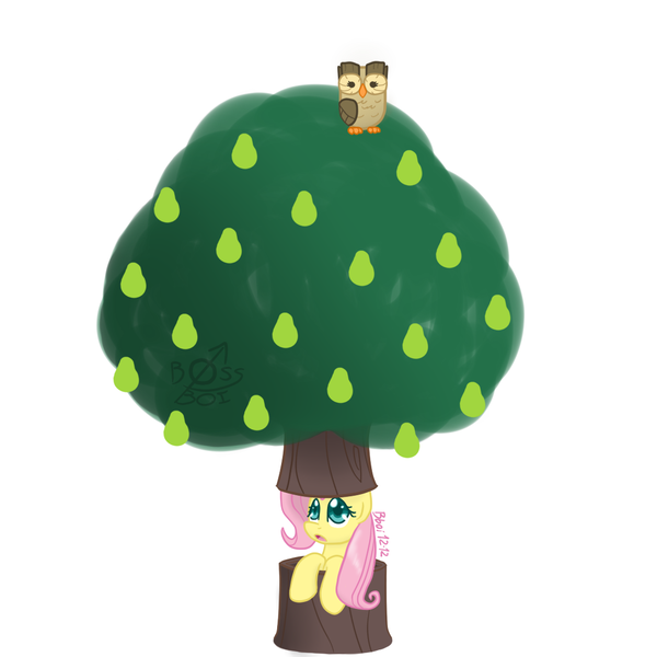 Size: 1100x1100 | Tagged: 12 days of christmas, artist:bossboi, costume, derpibooru import, fluttershy, fluttertree, owl, owlowiscious, pear, pear tree, safe, simple background, tree, tree costume, twelve days of christmas, white background