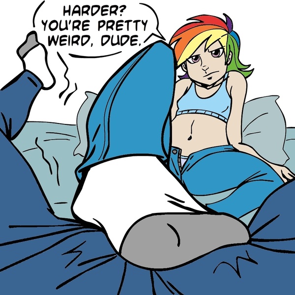 Size: 945x945 | Tagged: artist:megasweet, belly button, blue underwear, breasts, clothes, feet, foot fetish, foot focus, footjob, humanized, midriff, open fly, panties, pov, questionable, rainbow dash, socks, speech bubble, through clothes, underwear