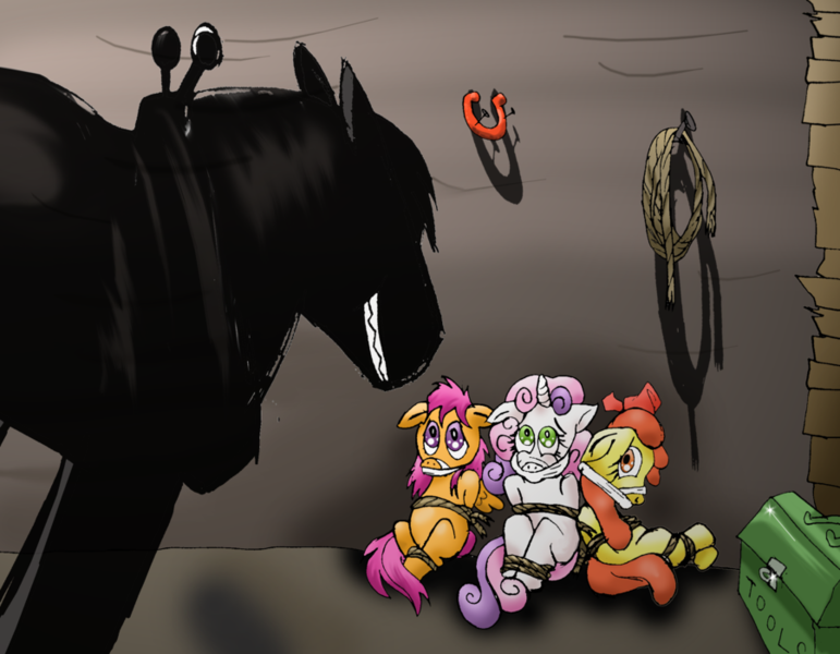 Size: 900x700 | Tagged: semi-grimdark, suggestive, artist:kindergartenteacher, derpibooru import, apple bloom, big macintosh, scootaloo, sweetie belle, earth pony, pony, fanfic, fanfic:sweet apple massacre, bondage, cloth gag, cutie mark crusaders, fanfic art, gag, imminent rape, implied foalcon, male, rope, stallion