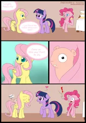 Size: 700x1000 | Tagged: safe, artist:funnyfany, derpibooru import, fluttershy, pinkie pie, twilight sparkle, earth pony, pegasus, pony, unicorn, :t, cake, comic, crossover, eating, exclamation point, eyes closed, floppy ears, food, frown, heart, hoof hold, looking back, meep, meepit, neopets, one eye closed, open mouth, petpet, shocked, smiling, unicorn twilight, wide eyes, wink