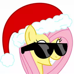 Size: 1920x1920 | Tagged: safe, artist:varcon, derpibooru import, fluttershy, pony, christmas, hat, santa hat, simple background, solo, sunglasses, vector, white background