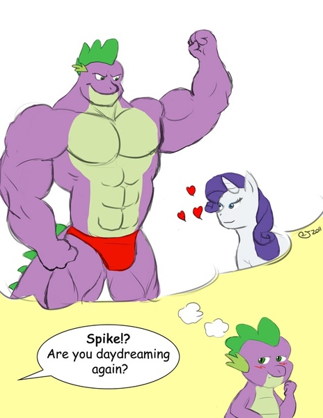 Size: 638x825 | Tagged: safe, artist:caseyljones, derpibooru import, rarity, spike, beefspike, clothes, female, heart, male, muscles, overdeveloped muscles, shipping, sparity, speedo, straight, topless