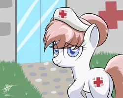 Size: 1280x1024 | Tagged: safe, artist:mister-markers, derpibooru import, nurse redheart, earth pony, pony, cap, colored pupils, eye clipping through hair, female, hat, heartabetes, hospital, looking at you, looking back, mare, signature, solo