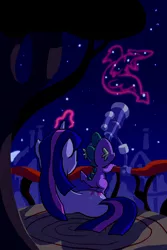 Size: 1200x1800 | Tagged: safe, artist:docwario, derpibooru import, spike, twilight sparkle, dragon, unicorn, constellation, duo, female, glowing horn, magic, male, mare, request, stargazing, story in the source, telescope