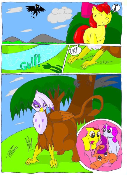 Size: 762x1048 | Tagged: questionable, artist:large-rarge, derpibooru import, apple bloom, gilda, scootaloo, sweetie belle, earth pony, gryphon, pegasus, pony, unicorn, comic:filly fill, burp, comic, cutie mark crusaders, female, females only, fetish, filly, flying, food chain, gildapred, griffons doing griffon things, mythologically accurate, predator, prey, tree, vore