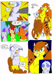 Size: 762x1048 | Tagged: suggestive, artist:large-rarge, derpibooru import, apple bloom, gilda, scootaloo, sweetie belle, oc, earth pony, gryphon, pegasus, unicorn, comic:filly fill, breasts, comic, cutie mark crusaders, featureless breasts, female, fetish, filly, gildapred, regurgitation, vore, wide eyes