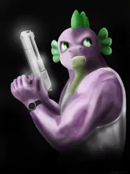 Size: 1500x2000 | Tagged: anthro, artist:lizardeng, beefspike, derpibooru import, desert eagle, gun, no trigger discipline, safe, spike