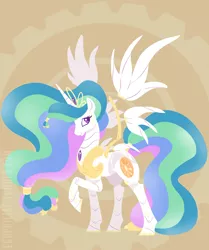 Size: 820x983 | Tagged: safe, artist:egophiliac, derpibooru import, princess celestia, alicorn, pony, robot, robot pony, abstract background, alternate hairstyle, colored pupils, cute, cutelestia, female, floating wings, jewelry, looking back, mare, pose, raised hoof, smiling, solo, spread wings, tiara, wings