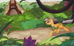 Size: 971x614 | Tagged: safe, artist:jenkiwi, derpibooru import, daring do, pegasus, pony, desert, female, jungle, mare, running, solo, temple, traditional art