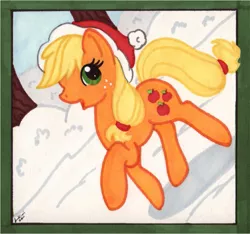 Size: 661x618 | Tagged: safe, artist:jenkiwi, derpibooru import, applejack, earth pony, pony, christmas, female, frame, hat, mare, santa hat, snow, traditional art