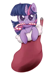 Size: 3000x4100 | Tagged: artist:steffy-beff, candy cane, christmas stocking, cute, derpibooru import, filly, looking at you, mouth hold, safe, simple background, smiling, solo, transparent background, twiabetes, twilight sparkle, vector