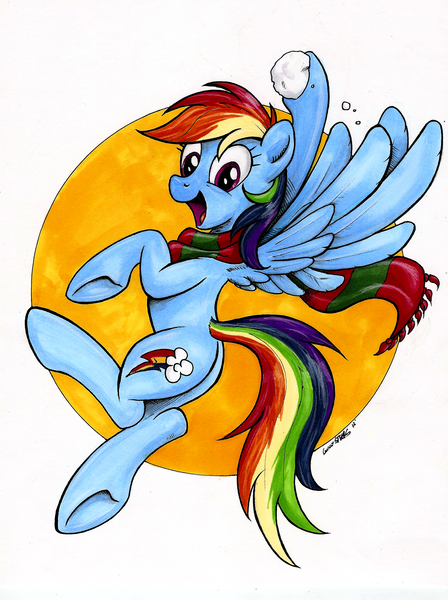 Size: 2496x3344 | Tagged: artist:mattings, clothes, hooves, rainbow dash, safe, scarf, snow, snowball, solo