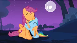 Size: 11040x6210 | Tagged: safe, artist:lazypixel, derpibooru import, rainbow dash, scootaloo, pony, absurd resolution, adult, age swap, filly, hug, older, role reversal, vector