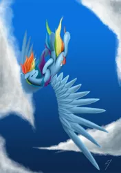 Size: 1748x2480 | Tagged: safe, artist:sitah22, derpibooru import, rainbow dash, pegasus, pony, cloud, eyes closed, falling, female, flying, mare, signature, sky, solo