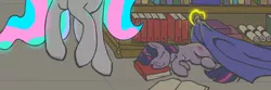 Size: 1500x500 | Tagged: artist:geomancing, blanket, book, derpibooru import, filly, library, princess celestia, safe, scroll, sleeping, twilight sparkle