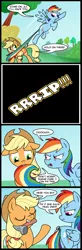 Size: 656x2000 | Tagged: safe, artist:madmax, derpibooru import, applejack, rainbow dash, earth pony, pegasus, pony, comic, dialogue, duo, eeyore, female, hammer, mare, mouth hold, nail, ouch, pin the tail on the pony, speech bubble, tail, tail pull