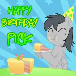 Size: 1500x1500 | Tagged: safe, artist:madmax, derpibooru import, oc, oc:pick, unofficial characters only, earth pony, pony, :t, birthday, cake, candle, eating, eyes closed, happy birthday, hat, party hat, plate, smiling, solo, stars