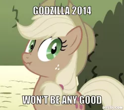 Size: 510x451 | Tagged: safe, derpibooru import, applejack, godzilla 2014, godzilla (series), image macro, liar face, liarjack, utter bullshit