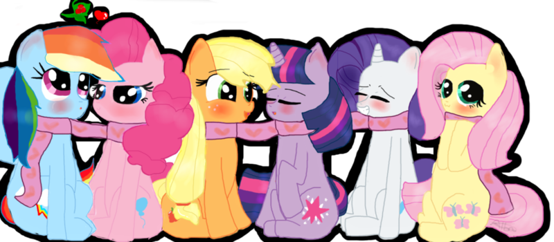 Size: 900x394 | Tagged: dead source, safe, artist:misspolycysticovary, derpibooru import, applejack, fluttershy, pinkie pie, rainbow dash, rarity, twilight sparkle, :3, bedroom eyes, blushing, clothes, cute, embarrassed, eyes closed, female, heart, holly, holly mistaken for mistletoe, imminent kissing, lesbian, looking at you, mane six, pinkiedash, scarf, shared clothing, shared scarf, shipping, shyabetes, simple background, transparent background, twijack