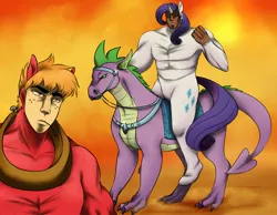 Size: 1280x994 | Tagged: dead source, safe, artist:cartoonlion, derpibooru import, big macintosh, rarity, spike, earth pony, pony, crossover, hokuto no ken, kenshiro, male, parody, raoh, stallion