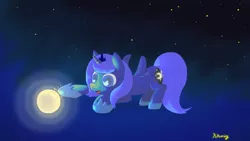 Size: 1366x768 | Tagged: artist:popoming, filly, moon, poking, princess luna, safe, solo, space, tangible heavenly object