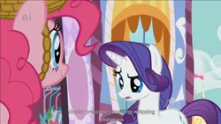 Size: 1176x662 | Tagged: derpibooru import, ei, hub logo, party of one, pinkie pie, rarity, safe, screencap, whipping, youtube caption