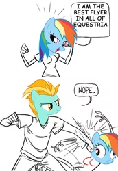 Size: 468x682 | Tagged: safe, derpibooru import, lightning dust, rainbow dash, human, pony, bipedal, breasts, busty rainbow dash, female, punch, violence