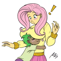 Size: 945x945 | Tagged: artist:megasweet, bad touch, big breasts, blushing, boobhat, boob smothering, breasts, busty fluttershy, clothes, derpibooru import, female, fluttershy, flutterspike, hug, huge breasts, humanized, male, molestation, shipping, skirt, spike, straight, suggestive, sweatershy