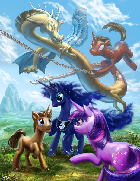 Size: 650x841 | Tagged: safe, artist:psychohazard, derpibooru import, discord, princess luna, twilight sparkle, oc, ponified, alicorn, draconequus, pony, unicorn, cloud, crossover, ethereal mane, flying, galaxy mane, hoof shoes, raised hoof, spider-man, swinging, unicorn twilight