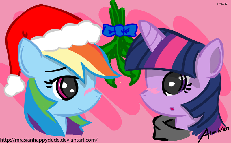 Size: 900x560 | Tagged: safe, artist:mrasianhappydude, derpibooru import, rainbow dash, twilight sparkle, female, hat, lesbian, mistletoe, santa hat, shipping, twidash