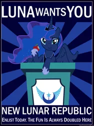 Size: 6000x8000 | Tagged: safe, artist:lazypixel, derpibooru import, princess luna, alicorn, pony, absurd resolution, apple, crown, eating, female, food, horseshoes, jewelry, mare, new lunar republic, poster, propaganda, propaganda poster, regalia, solo, text