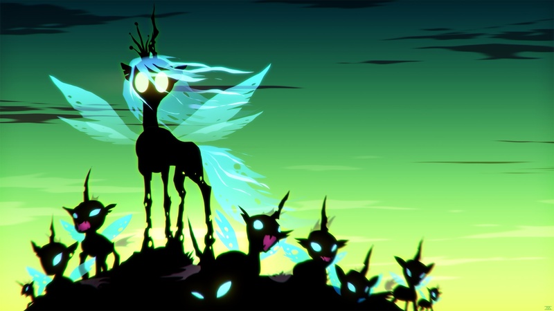 Size: 1920x1080 | Tagged: artist:cmaggot, changeling, changeling queen, female, glowing eyes, queen chrysalis, safe, wallpaper